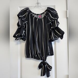 Vince Camuto Black and White Puff Sleeve Blouse with Tie Front